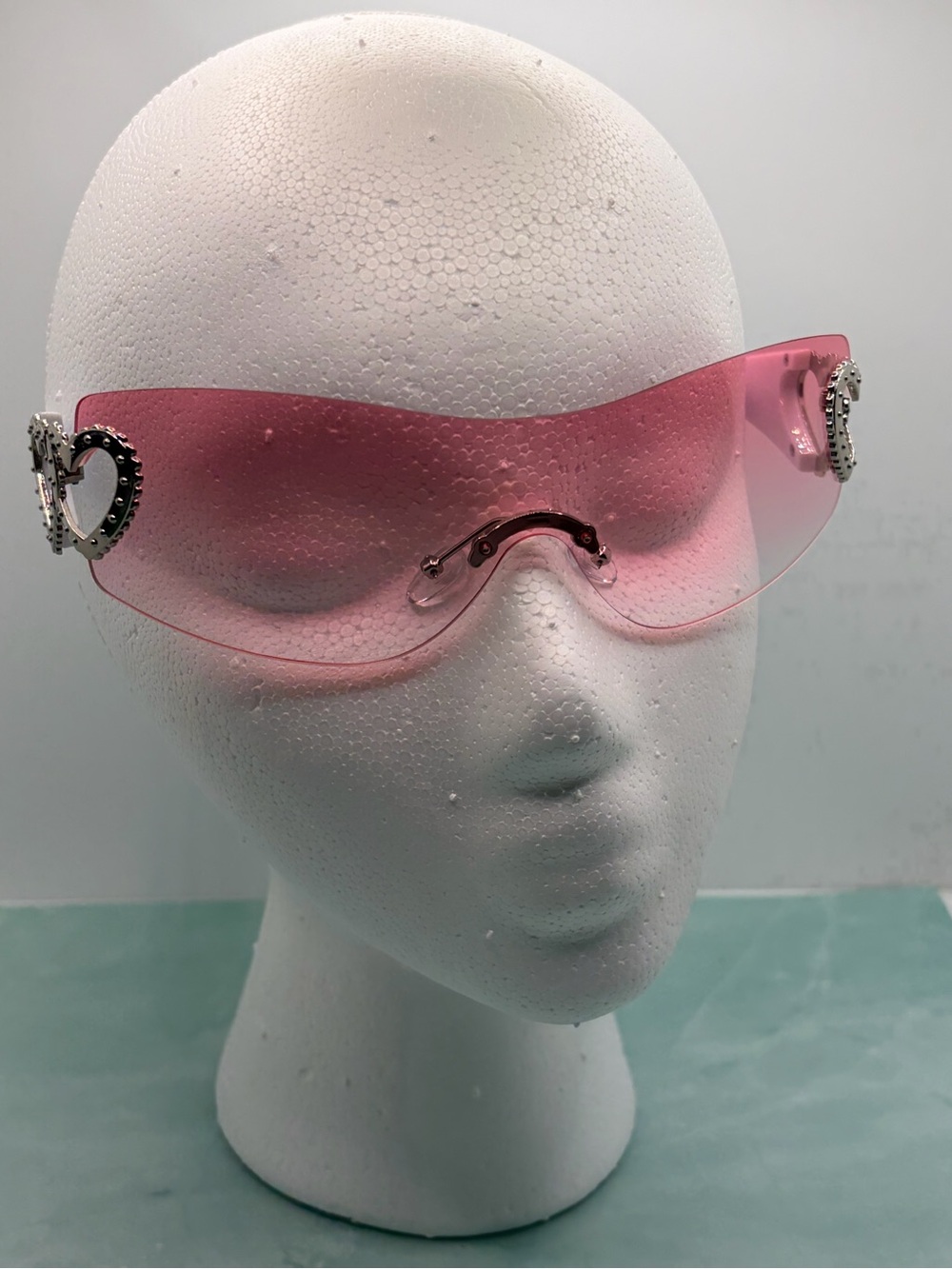 Rimless Pink Shield Sunglasses with Heart Accent